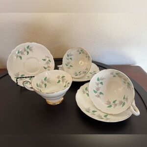 Vintage Crown Staffordshire Eden Green Footed Teacups & Saucers Set of 3